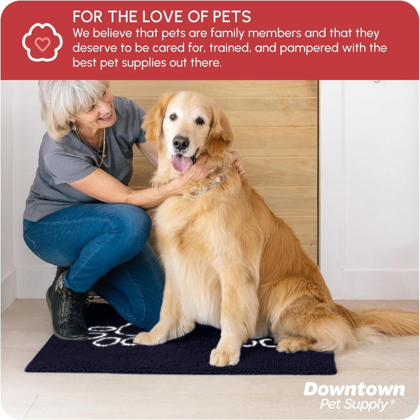 Microfiber Dog Mat for Muddy Paws, 36" X 26" Navy Blue with Paw Print - Absorbent, Quick-Drying, Washer and Dryer Safe - Non-Slip Rubber Backed Pet Cleaning Mat, Large