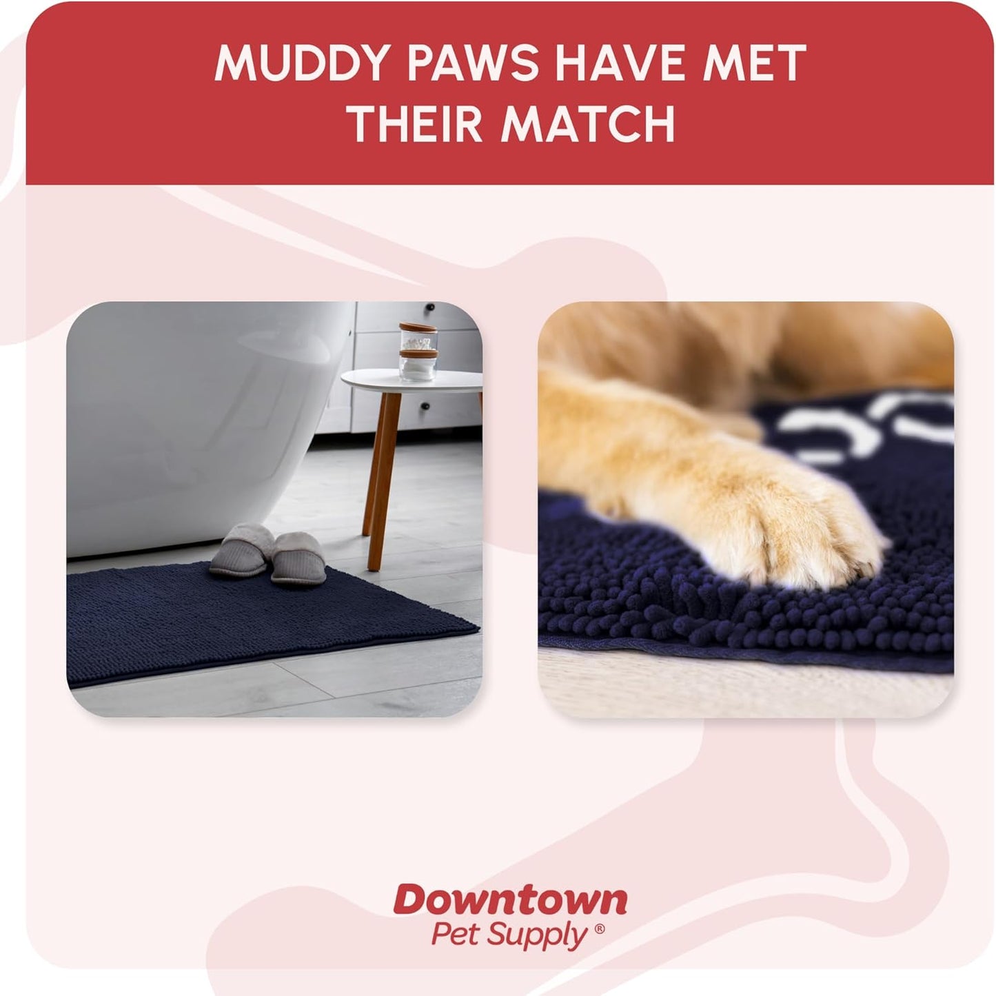 Microfiber Dog Mat for Muddy Paws, 36" X 26" Navy Blue with Paw Print - Absorbent, Quick-Drying, Washer and Dryer Safe - Non-Slip Rubber Backed Pet Cleaning Mat, Large