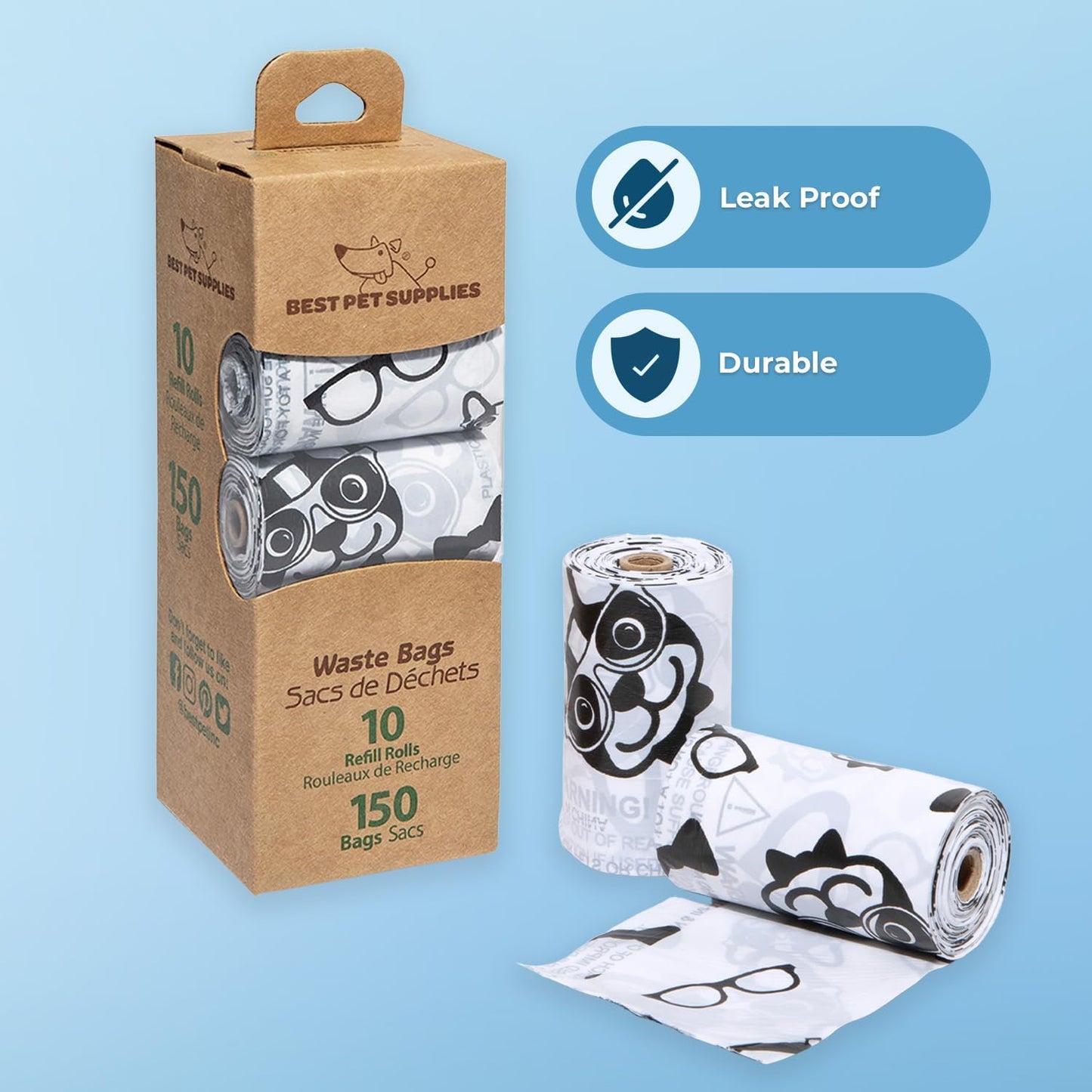 Dog Poop Bags (150 Bags) for Waste Refuse Cleanup, Doggy Roll Replacements for Outdoor Puppy Walking and Travel, Leak Proof and Tear Resistant, Thick Plastic - White