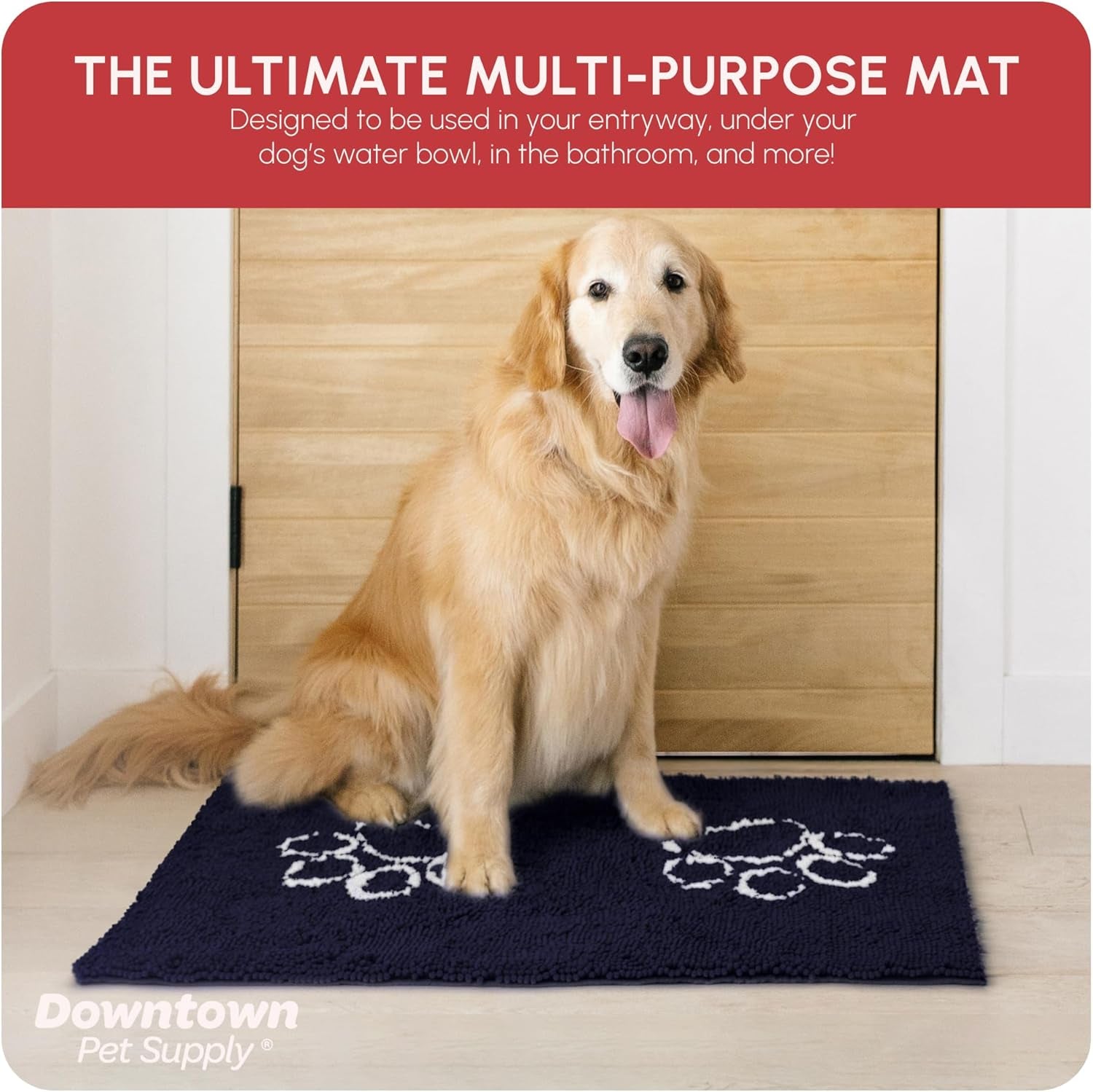 Microfiber Dog Mat for Muddy Paws, 36" X 26" Navy Blue with Paw Print - Absorbent, Quick-Drying, Washer and Dryer Safe - Non-Slip Rubber Backed Pet Cleaning Mat, Large