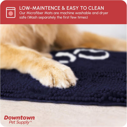 Microfiber Dog Mat for Muddy Paws, 36" X 26" Navy Blue with Paw Print - Absorbent, Quick-Drying, Washer and Dryer Safe - Non-Slip Rubber Backed Pet Cleaning Mat, Large