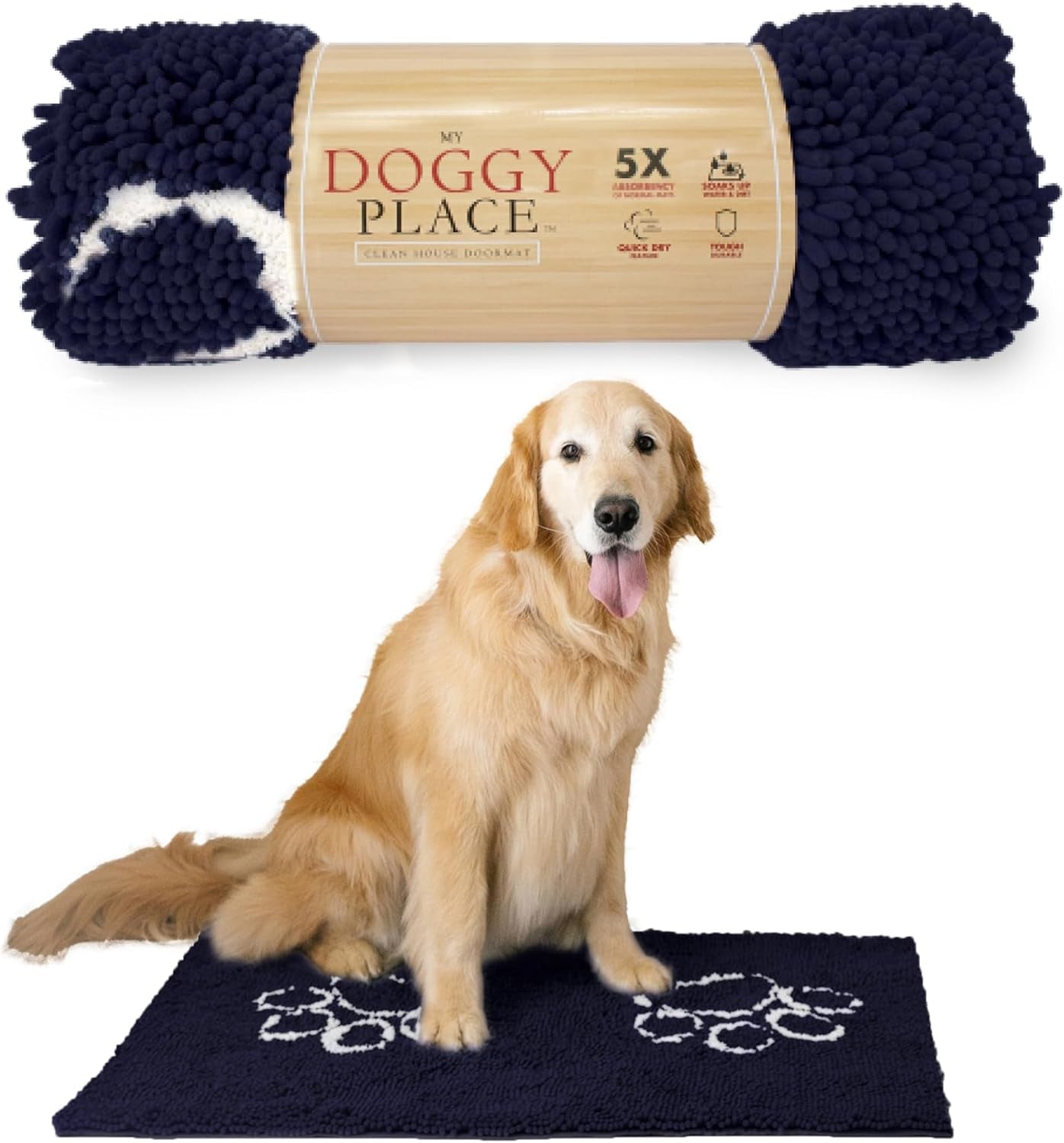 Microfiber Dog Mat for Muddy Paws, 36" X 26" Navy Blue with Paw Print - Absorbent, Quick-Drying, Washer and Dryer Safe - Non-Slip Rubber Backed Pet Cleaning Mat, Large